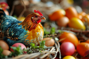 Bright and colourful hen is laying in a nest full of brightly painted Easter eggs. The feathers on its head and neck are bright green and orange, - Powered by Adobe