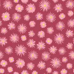 Random placed flower crown seamless repeat pattern. Vector bloomy botany all over surface aop print on pink background.