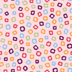 Abstract colorful floral seamless repeat pattern. Random placed, vector round irregular geometric shapes aop all over surface print on pink background.