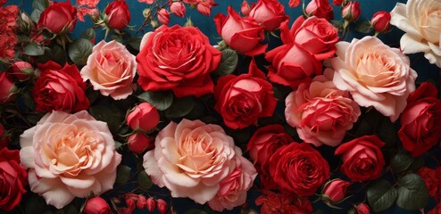 Horizontal background of red and pink roses