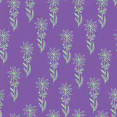 Hand drawn flowers with leaves seamless repeat pattern. Vector, botany all over surface print aop on lilac background.