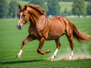 A horse gallops across a green field