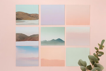 Moodboard, Craft minimalist landscapes using pastel tones, capturing the beauty of nature, Landscapes moodboard