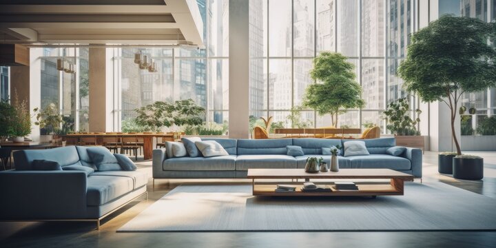 Spacious, well-lit room with sofa, dining area, and expansive windows.