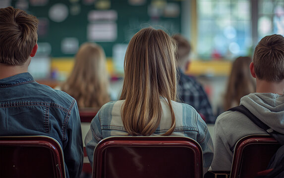 Girl study in classroom with friends in university .Generative AI