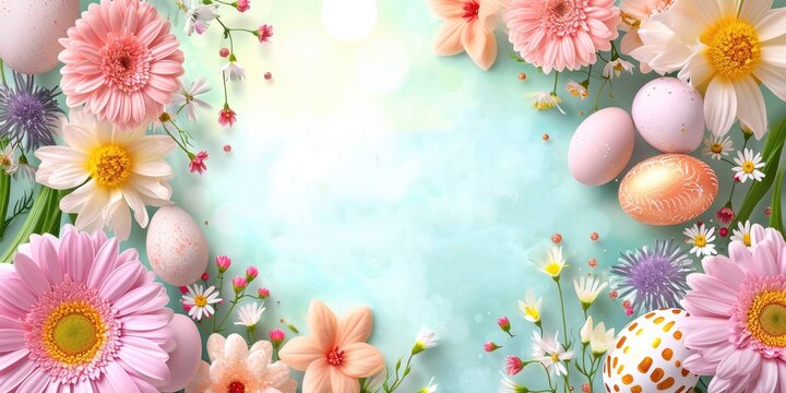 Happy Easter holiday background. Easter eggs and beautiful spring flowers