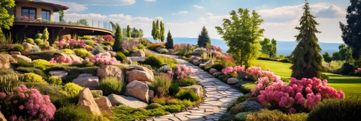 Fotobehang Upscale home garden in summer, luxury design of landscaped house backyard. Panoramic view of path, flowers, terrace and plants at yard. Concept of beauty, landscaping, nature © Natalya