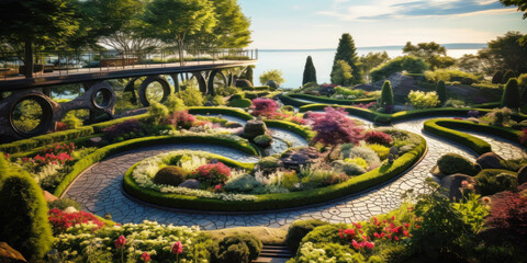 Obraz premium Winding tiled path in upscale landscaped home garden in summer, luxury design of house backyard. Flowers, terrace and green plants at yard or park. Concept of landscaping, nature