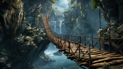 Old suspension wooden bridge in jungle, vintage hanging footbridge in green tropical forest. Scene like in adventure movie. Concept of travel, journey, lost world, nature, wood