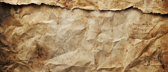 Old torn crumpled paper texture background, brown vintage sheet. Banner with rough grungy wrapping paper or parchment. Theme of worn manuscript, grunge, ancient map, retro, page