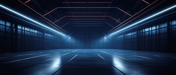 Dark garage background, perspective view of warehouse in hangar with led neon blue lighting. Modern design of large empty room, abstract space interior. Concept of show, industry, studio - obrazy, fototapety, plakaty