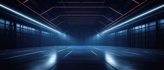 Foto op Canvas Dark garage background, perspective view of warehouse in hangar with led neon blue lighting. Modern design of large empty room, abstract space interior. Concept of show, industry, studio © Natalya