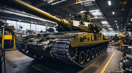 Modern tank inside warehouse of military plant, armored vehicle stored in factory. Interior of industrial hangar. Concept of technology, industry, production, war, manufacture - obrazy, fototapety, plakaty