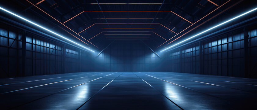 Dark garage background, perspective view of warehouse in hangar with led neon blue lighting. Modern design of large empty room, abstract space interior. Concept of show, industry, studio