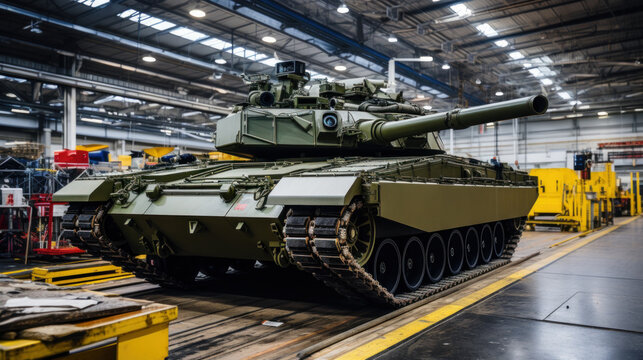 Modern tank inside warehouse of factory, armored vehicle stored in military plant. Interior of industrial hangar. Concept of technology, industry, production, war and machinery.