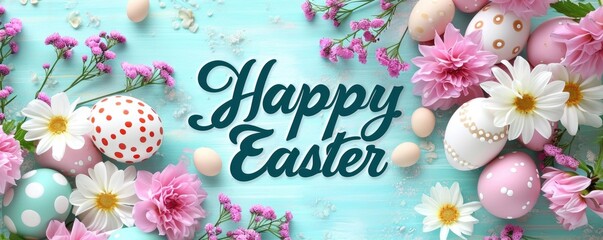 Happy Easter holiday background. Easter eggs and beautiful spring flowers