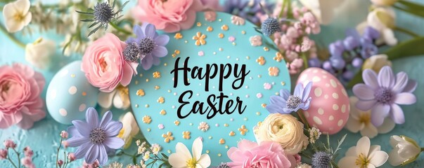 Fototapeta na wymiar Happy Easter holiday background. Easter eggs and beautiful spring flowers