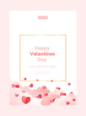 Valentine's day concept card. Social media post with hearts and clouds. 3d red and pink paper hearts with frame on geometric background. Line face couple. Vector illustration