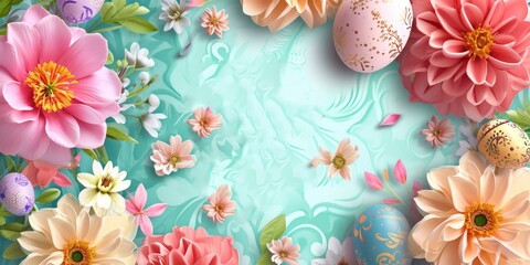 Happy Easter holiday background. Easter eggs and beautiful spring flowers