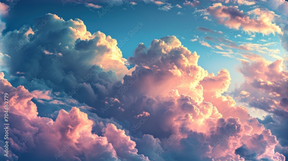 Wall mural a group of clouds in the sky with a blue sky in the background and pink clouds in the foreground.