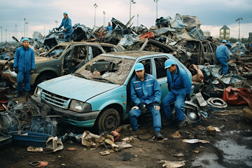 Workers at a Vehicle Scrapyard Inspecting Parts and Guarding Cars Pending Destruction