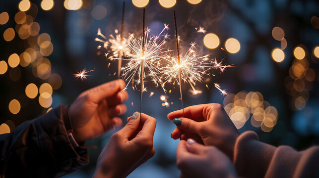 Freunde halten brennende Wunderkerzen in den H&auml;nden