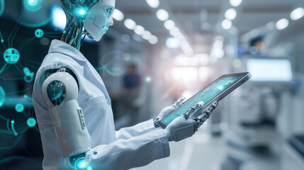 Virtual AI Assistant, digital human-like avatar with tablet or screen. Artificial intelligence emerging role in patient interaction and telemedicine. Accessible, AI-enhanced healthcare services