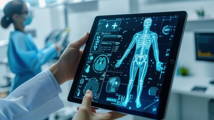 Virtual AI Assistant displayed on a tablet or screen. Artificial intelligence emerging role in patient interaction and telemedicine. accessible, AI-enhanced healthcare services - obrazy, fototapety, plakaty