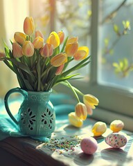 Happy Easter holiday background. Easter eggs and beautiful spring flowers