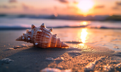 Muschel am Strand im Sonnenuntergang - obrazy, fototapety, plakaty