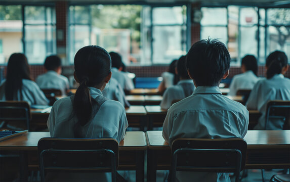 Asian students in classroom of elementary school with uniform . Generative AI