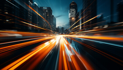 Fototapeta na wymiar bright lines of car speed lights against the background of a blurred city. speed in the city.
