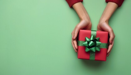 Female hands hold a current red box with a green bow on a pastel green background with copy space, Gift in the hands of the person, Red gift box with green ribbon or bow on a green background