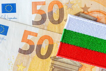 Euro Bulgaria, Bulgaria flag and 50 euro banknotes, Concept of introduction of Euro currency in Bulgaria, money exchange