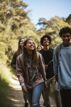 Group of diverse friends laughing while hiking in nature