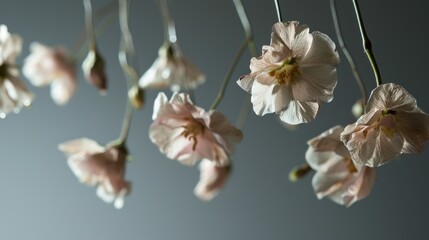  a close up of a bunch of flowers hanging from a wire on a gray background with a gray wall in the background.
