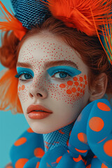 A woman with orange and blue makeup. A vibrant woman with striking orange and blue makeup transforms her human face into a living doll, complete with bold lipstick, dramatic eyelashes