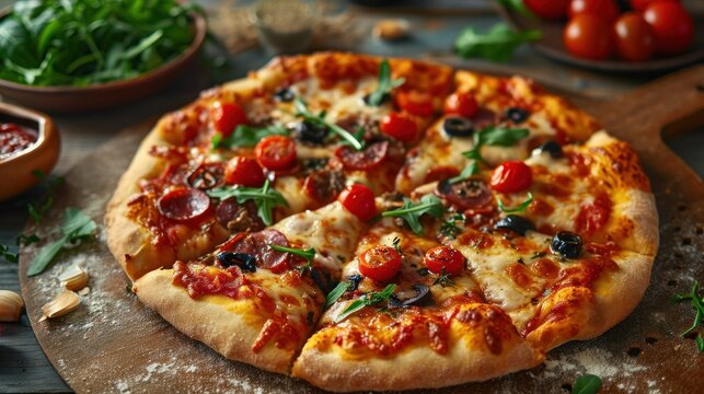  a pizza sitting on top of a wooden cutting board next to a bowl of tomatoes and other vegetables on a table.