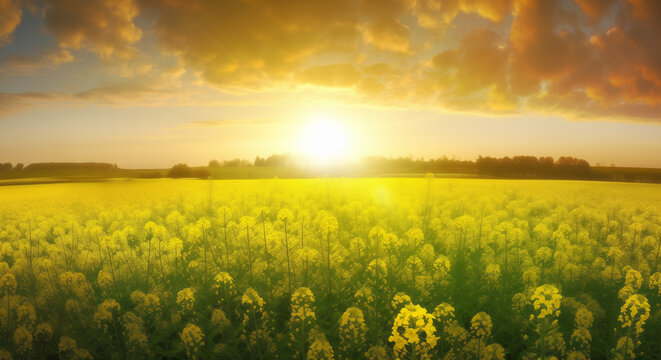 Sunset over a field of rapeseed, with the sun's golden beams illuminating the vibrant yellow blossoms
