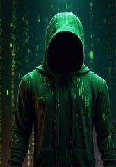 man, hacker, in a green sports coat with a hood on his head on a green background with a binary code