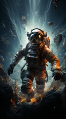 Fototapeta na wymiar Astronaut in orange spacesuit floating in asteroid field
