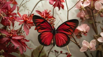  a red and black butterfly sitting on a branch of a tree with pink and red flowers in front of it.