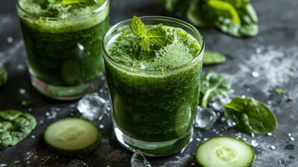  two glasses of green juice with cucumbers and mints around them on a dark surface with water droplets on the surface.