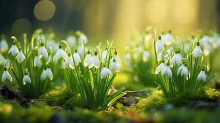Exquisite snowdrop flower gracefully illuminated by the gentle rays of the radiant spring sun