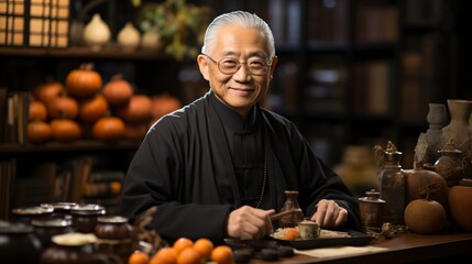 Portrait of a smiling elderly Asian man in traditional clothing - obrazy, fototapety, plakaty