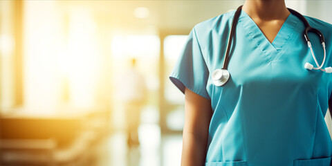 A close-up of a nurse in blue scrubs with a stethoscope in a sunlit corridor. - obrazy, fototapety, plakaty