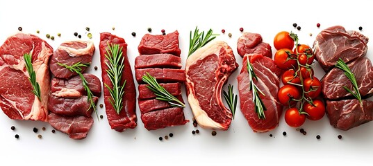 assorted raw meat products divided with white vertical lines in bright white light   collage