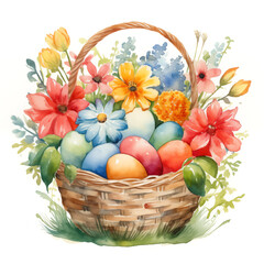 Easter basket with flowers and colorful eggs. Watercolor spring botanical illustration on white background for cards design.