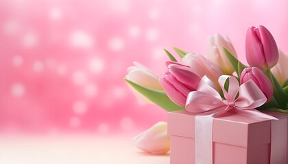 pink tulip flowers and gift box with tape bow on bokeh background for woman day or valentine day holiday card decor