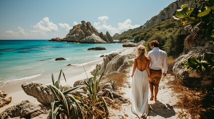 Tropical paradise, perfect holidays, honeymoon - couple of newlyweds on the beach